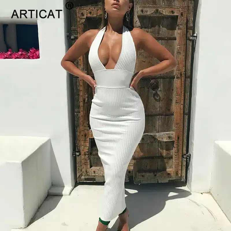 Articat Halter Backless Sexy Knitted Pencil Dress Women White Off Shoulder Long Bodycon Party Dress Elegant Summer Dress 2019 10