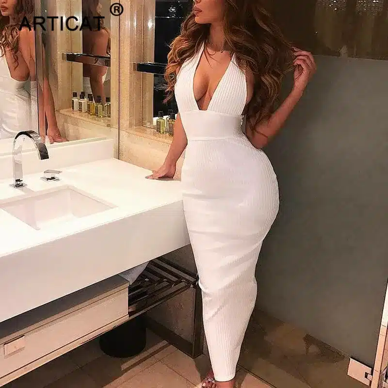Articat Halter Backless Sexy Knitted Pencil Dress Women White Off Shoulder Long Bodycon Party Dress Elegant Summer Dress 2019 11