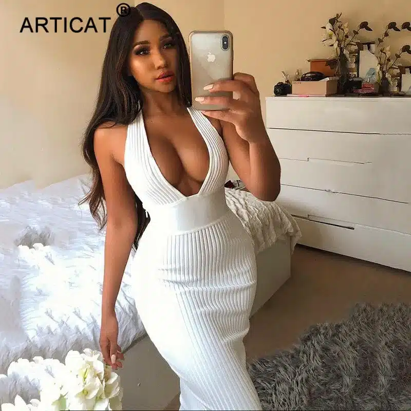 Articat Halter Backless Sexy Knitted Pencil Dress Women White Off Shoulder Long Bodycon Party Dress Elegant Summer Dress 2019 12