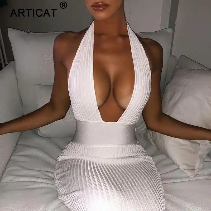 Articat Halter Backless Sexy Knitted Pencil Dress Women White Off Shoulder Long Bodycon Party Dress Elegant Summer Dress 2019 13