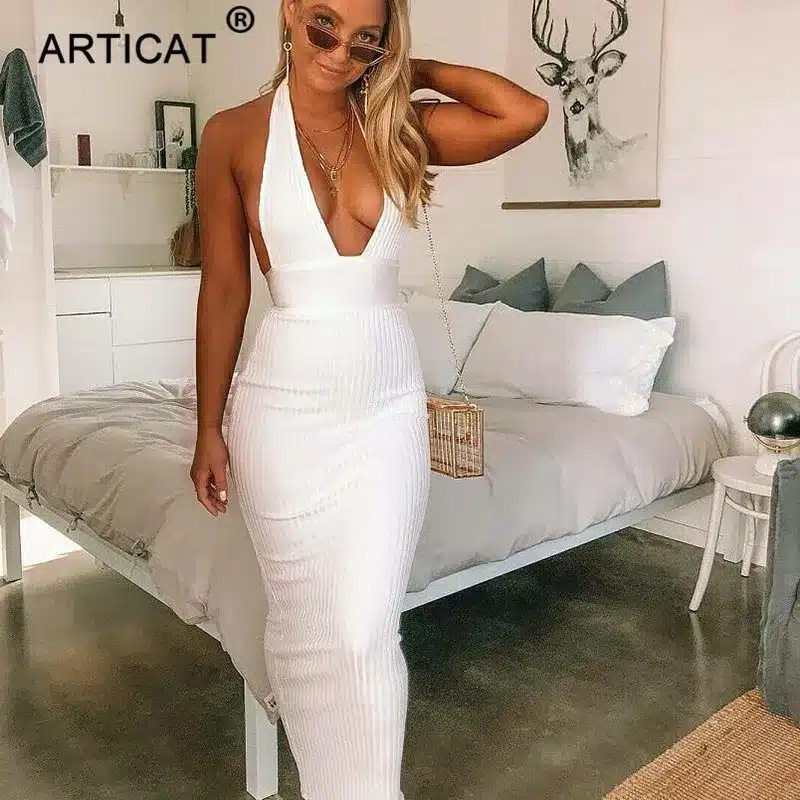 Articat Halter Backless Sexy Knitted Pencil Dress Women White Off Shoulder Long Bodycon Party Dress Elegant Summer Dress 2019 14