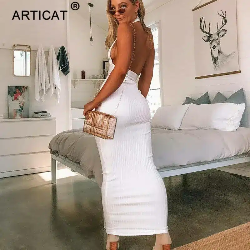 Articat Halter Backless Sexy Knitted Pencil Dress Women White Off Shoulder Long Bodycon Party Dress Elegant Summer Dress 2019 15
