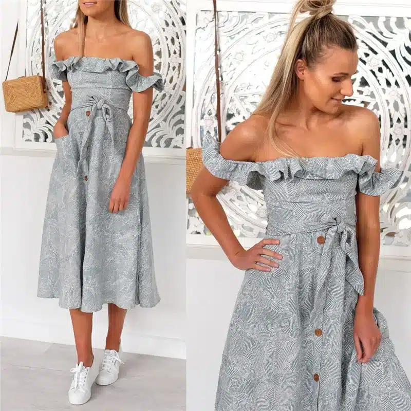 Backless Sexy Women Summer Dress 2019 Ruffles Off Shoulder Beach Dress Buttons Strapless Long Sundress Boho Midi Dress Ladies 19