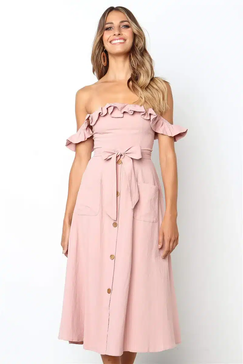 Backless Sexy Women Summer Dress 2019 Ruffles Off Shoulder Beach Dress Buttons Strapless Long Sundress Boho Midi Dress Ladies 21