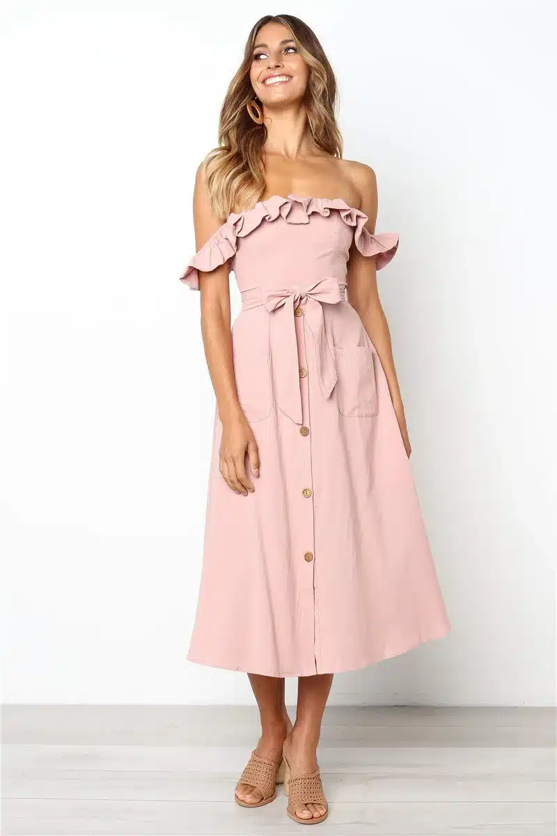 Backless Sexy Women Summer Dress 2019 Ruffles Off Shoulder Beach Dress Buttons Strapless Long Sundress Boho Midi Dress Ladies 22