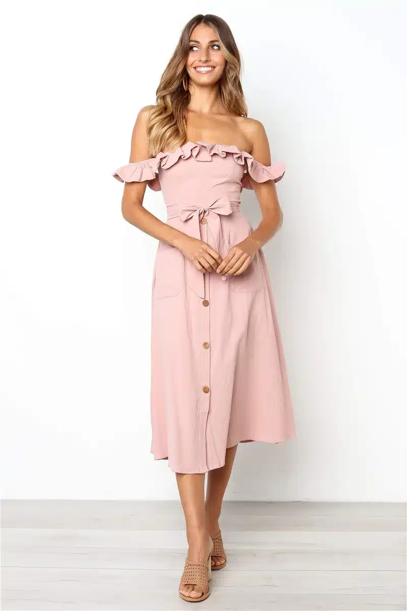 Backless Sexy Women Summer Dress 2019 Ruffles Off Shoulder Beach Dress Buttons Strapless Long Sundress Boho Midi Dress Ladies 25