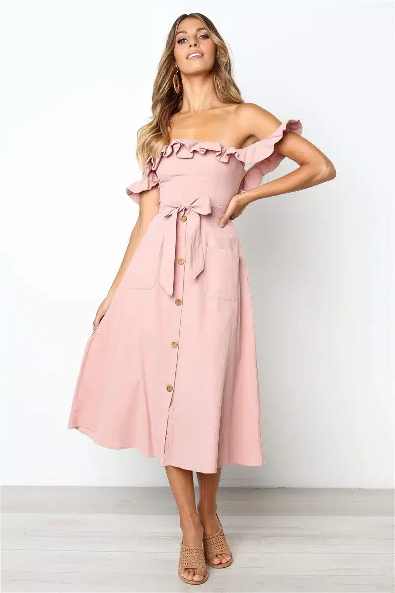 Backless Sexy Women Summer Dress 2019 Ruffles Off Shoulder Beach Dress Buttons Strapless Long Sundress Boho Midi Dress Ladies 26