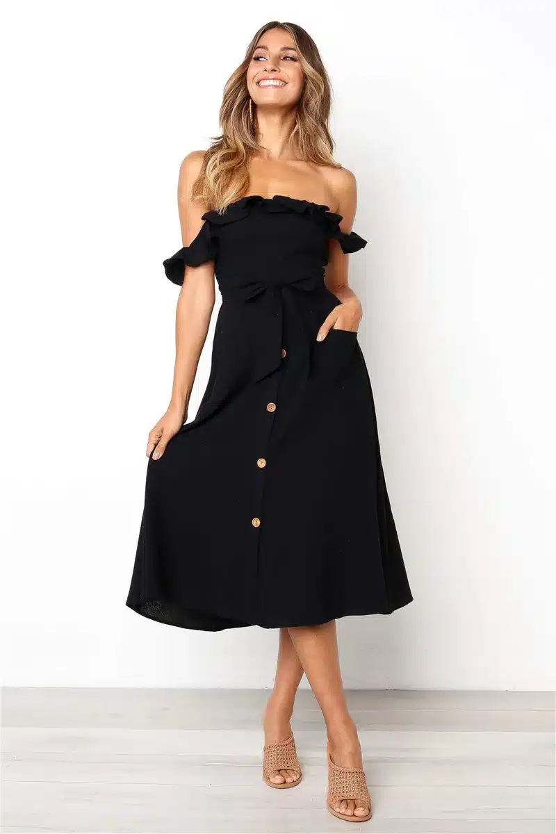 Backless Sexy Women Summer Dress 2019 Ruffles Off Shoulder Beach Dress Buttons Strapless Long Sundress Boho Midi Dress Ladies 36