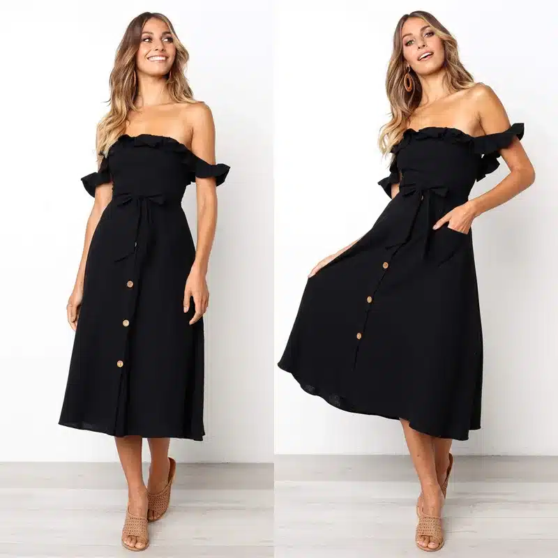 Backless Sexy Women Summer Dress 2019 Ruffles Off Shoulder Beach Dress Buttons Strapless Long Sundress Boho Midi Dress Ladies 37