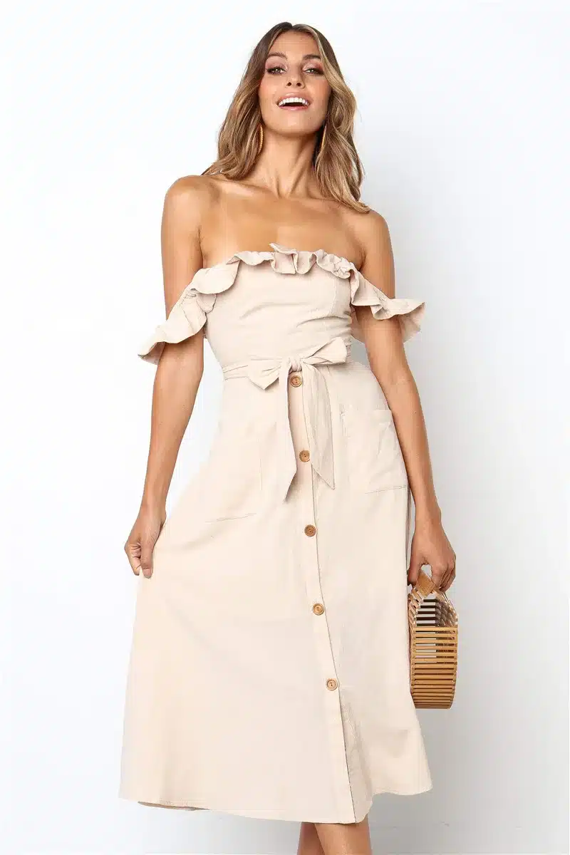 Backless Sexy Women Summer Dress 2019 Ruffles Off Shoulder Beach Dress Buttons Strapless Long Sundress Boho Midi Dress Ladies 38