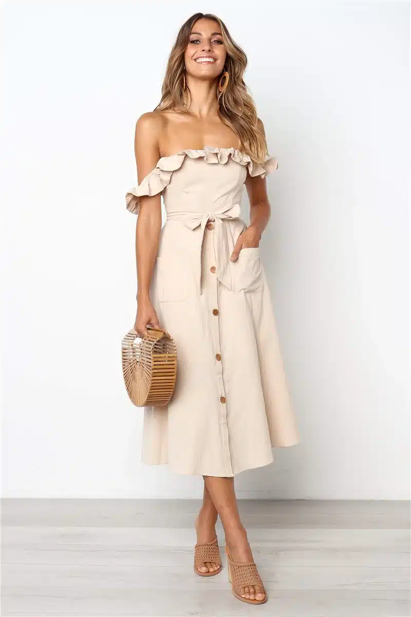 Backless Sexy Women Summer Dress 2019 Ruffles Off Shoulder Beach Dress Buttons Strapless Long Sundress Boho Midi Dress Ladies 39