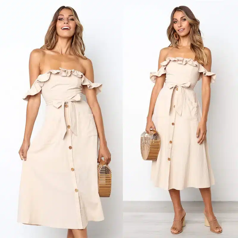 Backless Sexy Women Summer Dress 2019 Ruffles Off Shoulder Beach Dress Buttons Strapless Long Sundress Boho Midi Dress Ladies 45