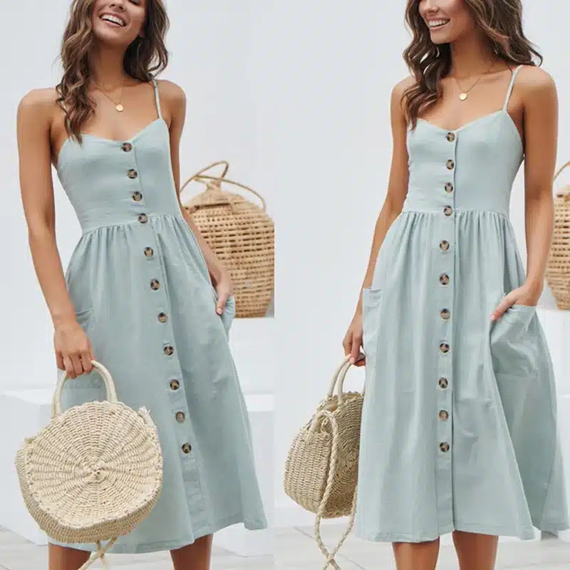 BEFORW Women Summer Dress 2019 Sexy Straps Bohemian Floral Tunic Beach Dress Sundress Pocket Red Dresses Female 14