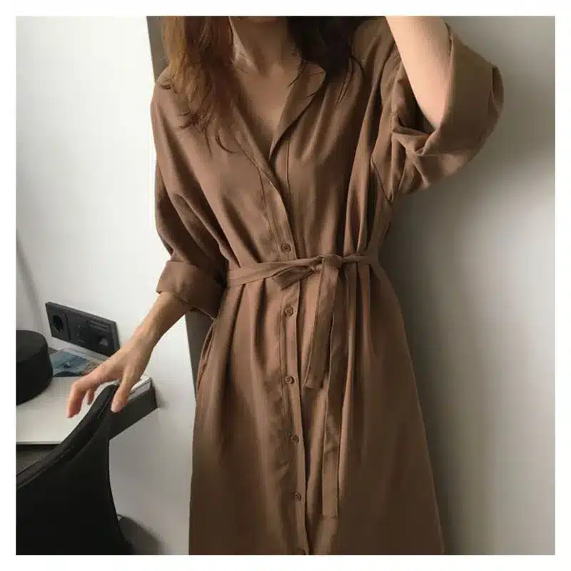 2019 Ladies Commute Casual Shirt Dress Summer Autumn Notched Collar Long Sleeve Sashed Single Breasted Solid Women Dresses CC132 7