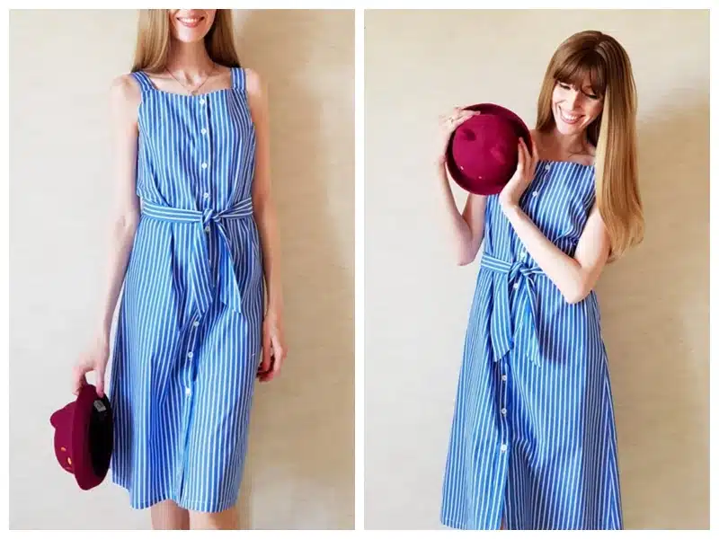 Blue Striped Bow Bandage Dress 2019 Summer Sexy Sleeveless Strap Shirt Dress Single-Breasted Elegant Women Party Dress Vestidos 13