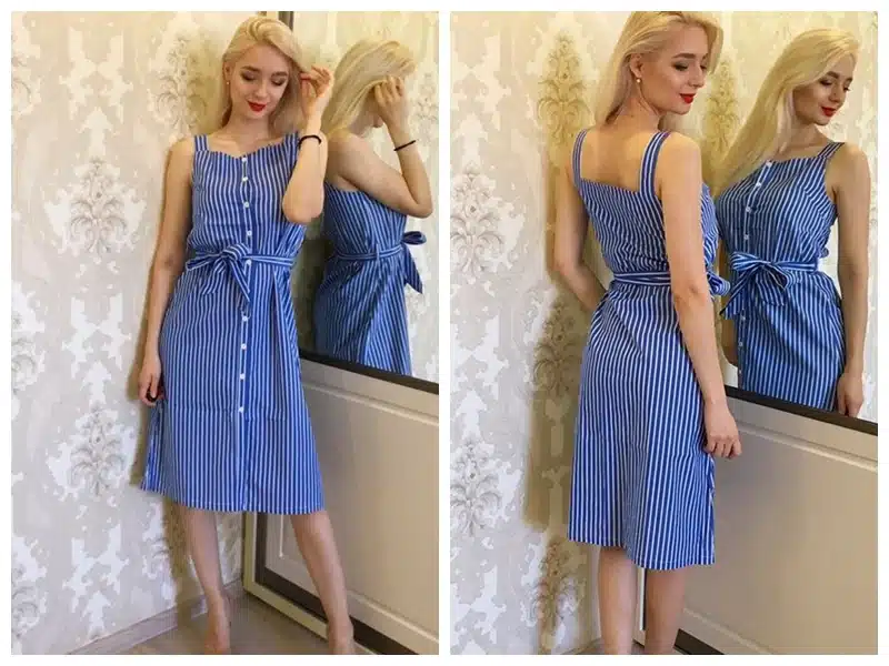 Blue Striped Bow Bandage Dress 2019 Summer Sexy Sleeveless Strap Shirt Dress Single-Breasted Elegant Women Party Dress Vestidos 14