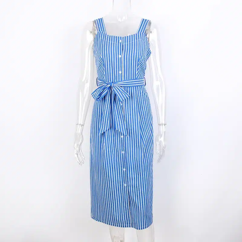 Blue Striped Bow Bandage Dress 2019 Summer Sexy Sleeveless Strap Shirt Dress Single-Breasted Elegant Women Party Dress Vestidos 20