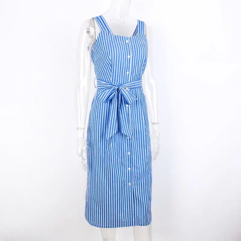 Blue Striped Bow Bandage Dress 2019 Summer Sexy Sleeveless Strap Shirt Dress Single-Breasted Elegant Women Party Dress Vestidos 21