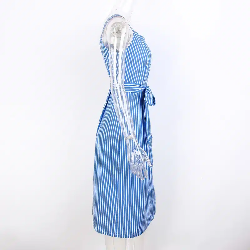 Blue Striped Bow Bandage Dress 2019 Summer Sexy Sleeveless Strap Shirt Dress Single-Breasted Elegant Women Party Dress Vestidos 22