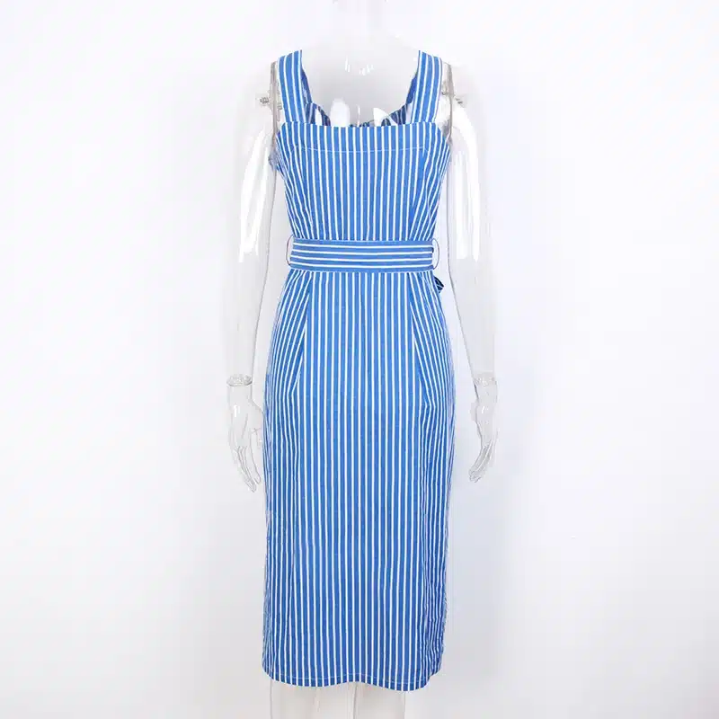 Blue Striped Bow Bandage Dress 2019 Summer Sexy Sleeveless Strap Shirt Dress Single-Breasted Elegant Women Party Dress Vestidos 23