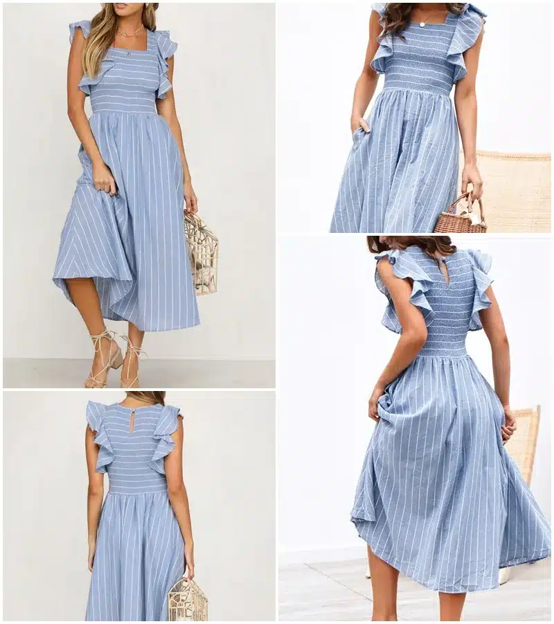 Simplee Vintage striped women long dress Ruffle linen blue elegant summer dress 2019 Casual cotton fashion female beach vestidos 11