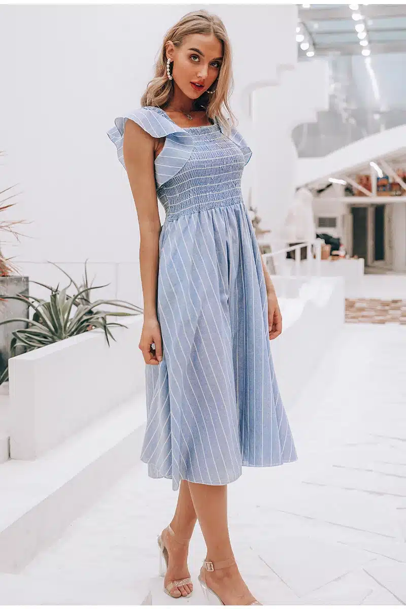 Simplee Vintage striped women long dress Ruffle linen blue elegant summer dress 2019 Casual cotton fashion female beach vestidos 12