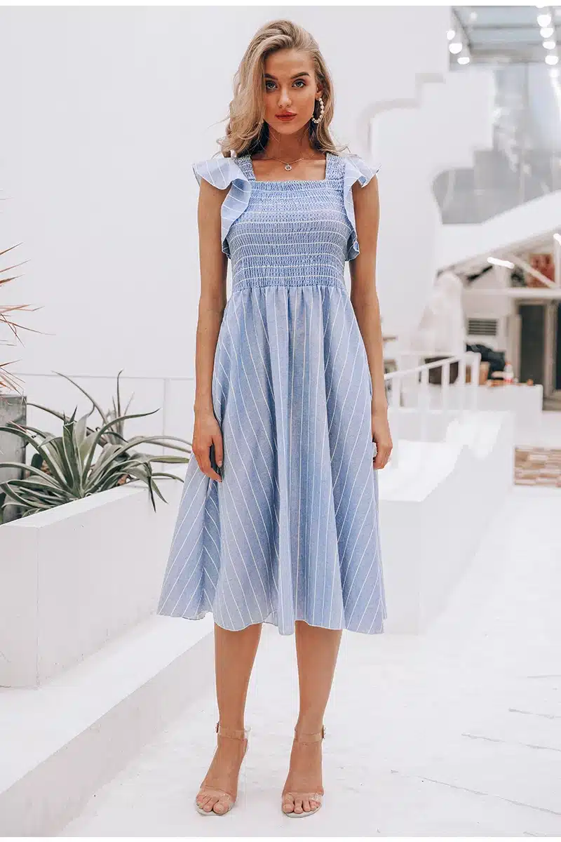 Simplee Vintage striped women long dress Ruffle linen blue elegant summer dress 2019 Casual cotton fashion female beach vestidos 13