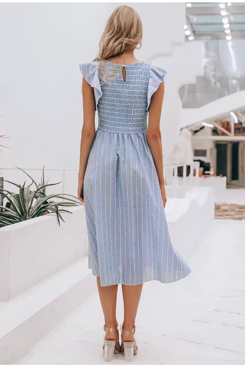 Simplee Vintage striped women long dress Ruffle linen blue elegant summer dress 2019 Casual cotton fashion female beach vestidos 14