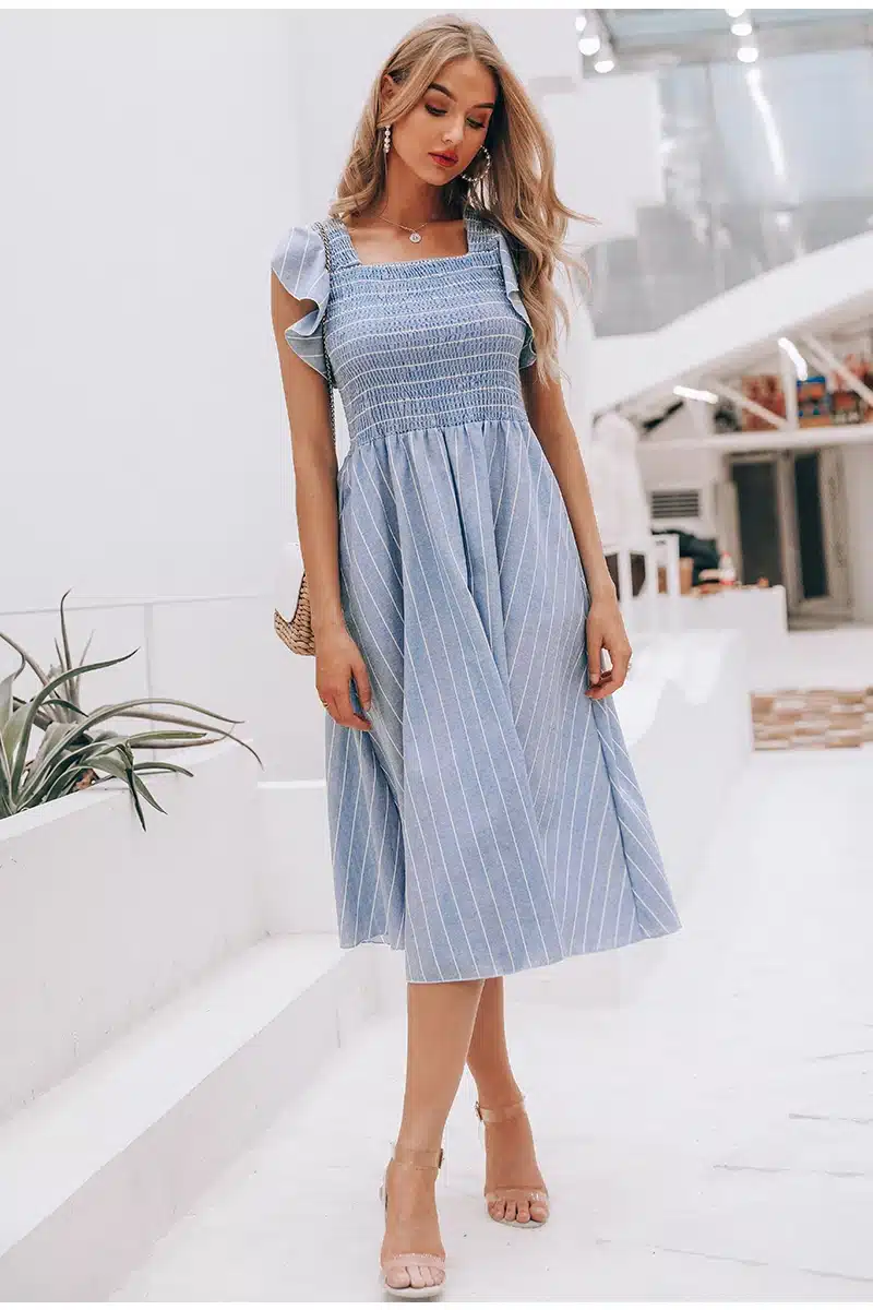 Simplee Vintage striped women long dress Ruffle linen blue elegant summer dress 2019 Casual cotton fashion female beach vestidos 15