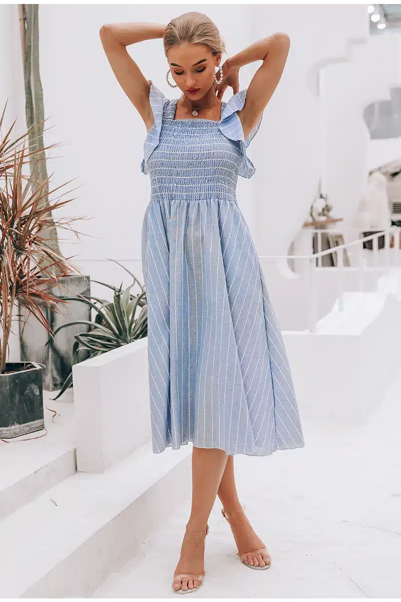Simplee Vintage striped women long dress Ruffle linen blue elegant summer dress 2019 Casual cotton fashion female beach vestidos 16