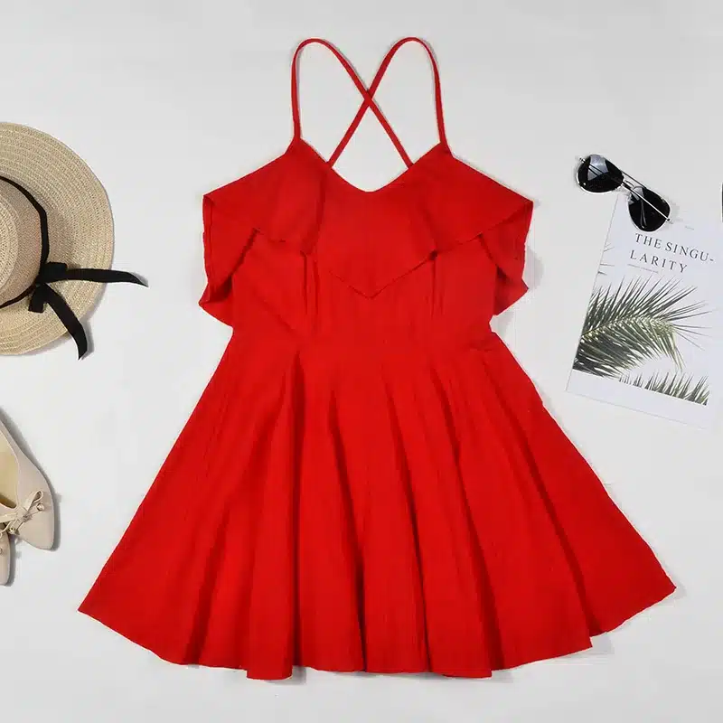 DeRuiLaDy 2019 Women Summer Straps Beach Chiffon Dress Sexy V Neck Open Back Lace Up Ruffles Mini Dresses Casual Dress Vestidos 19