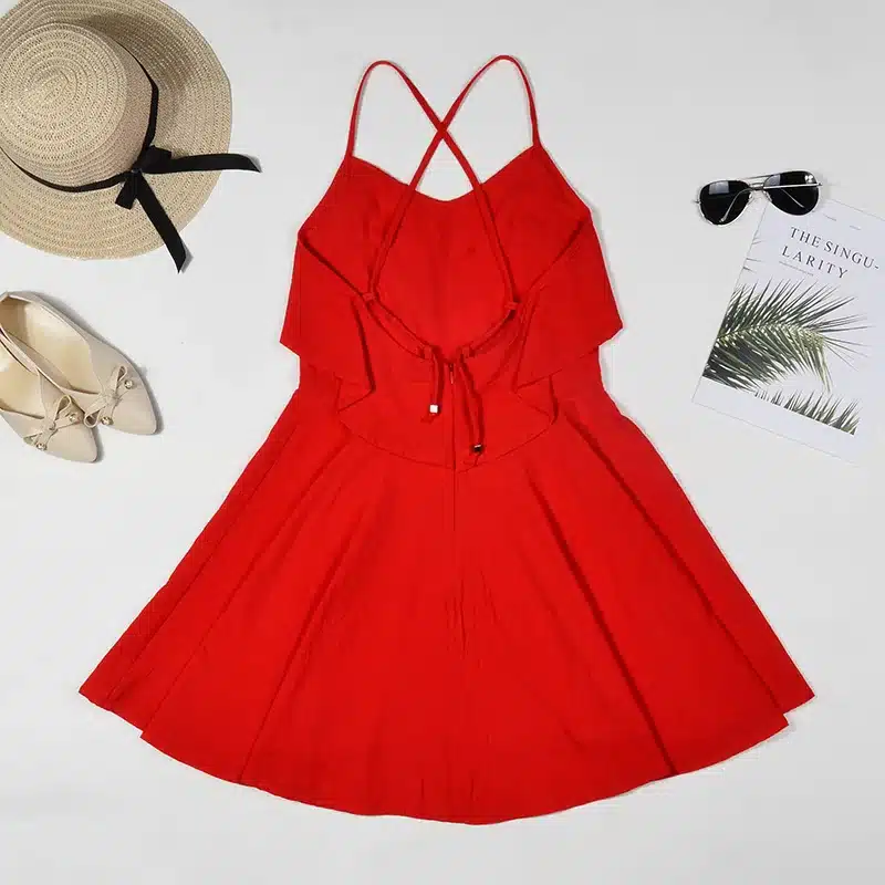 DeRuiLaDy 2019 Women Summer Straps Beach Chiffon Dress Sexy V Neck Open Back Lace Up Ruffles Mini Dresses Casual Dress Vestidos 20