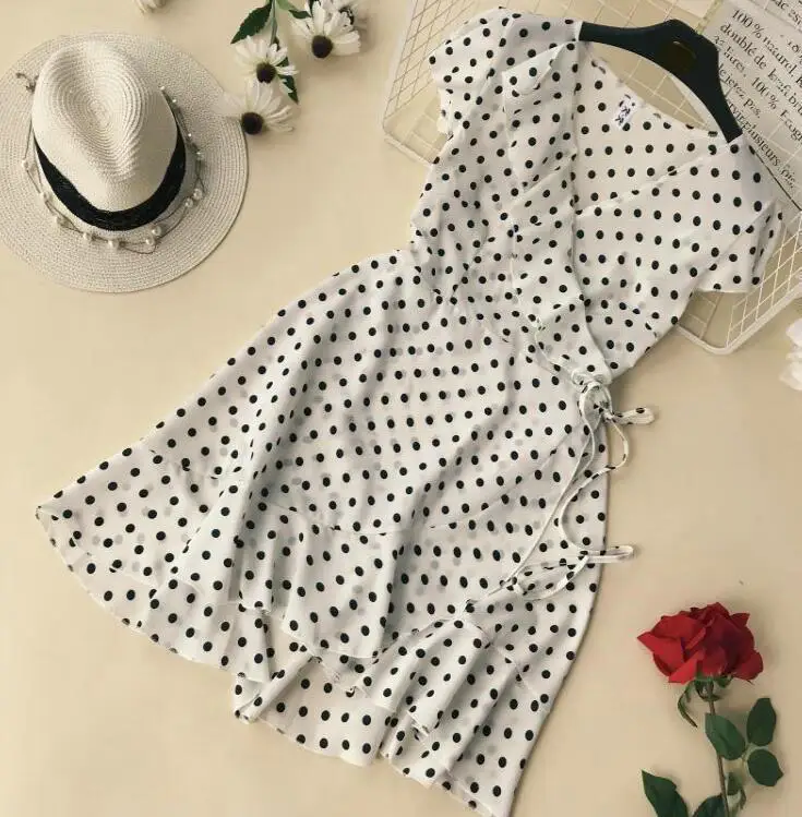2019 Summer Polka Dot Wrapped Dress V Neck Ruffles Sexy Mini Dress Slim Bodycon Vacation Beach Smocks Korean Fashion 11