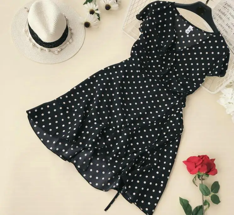 2019 Summer Polka Dot Wrapped Dress V Neck Ruffles Sexy Mini Dress Slim Bodycon Vacation Beach Smocks Korean Fashion 12