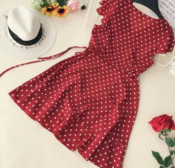 2019 Summer Polka Dot Wrapped Dress V Neck Ruffles Sexy Mini Dress Slim Bodycon Vacation Beach Smocks Korean Fashion 14