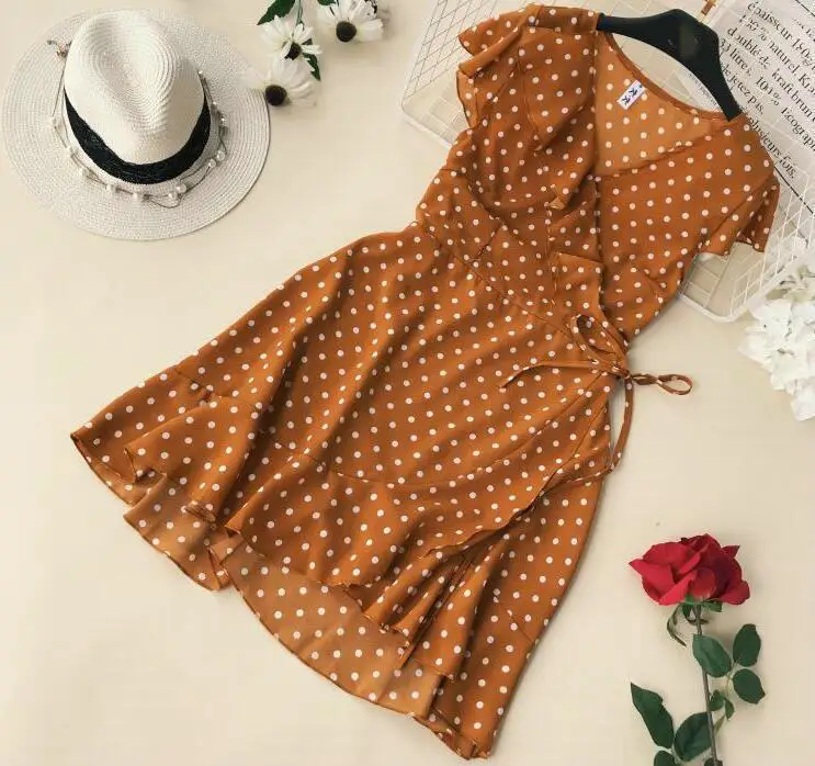 2019 Summer Polka Dot Wrapped Dress V Neck Ruffles Sexy Mini Dress Slim Bodycon Vacation Beach Smocks Korean Fashion 13