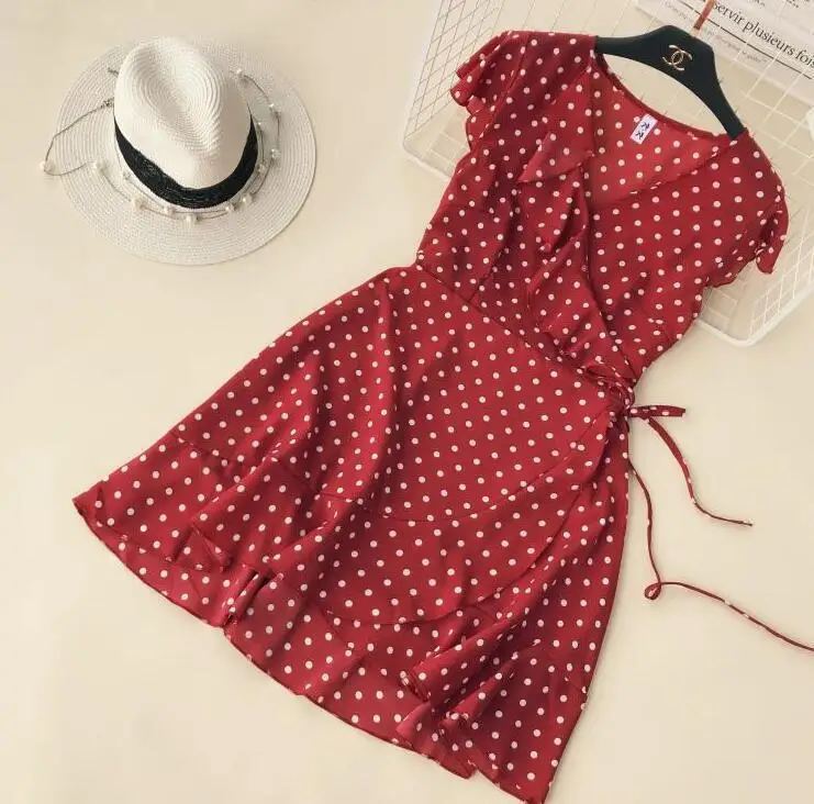2019 Summer Polka Dot Wrapped Dress V Neck Ruffles Sexy Mini Dress Slim Bodycon Vacation Beach Smocks Korean Fashion 15