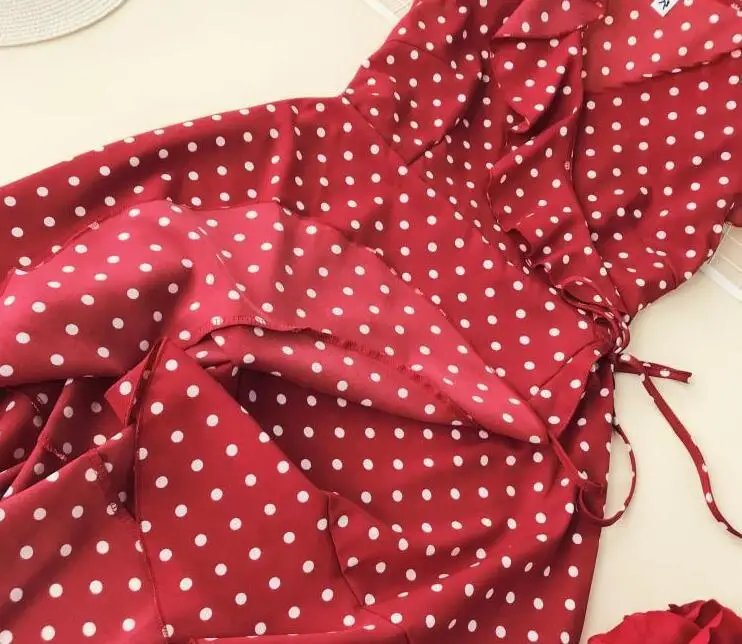 2019 Summer Polka Dot Wrapped Dress V Neck Ruffles Sexy Mini Dress Slim Bodycon Vacation Beach Smocks Korean Fashion 16