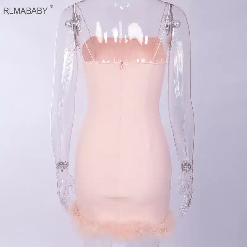 RLMABABAY Strapless Feather Patchwork Sexy Dress Spaghetti Strap Sleeveless Backless Bodycon Mini Dress 2019 Summer Party Dress 14