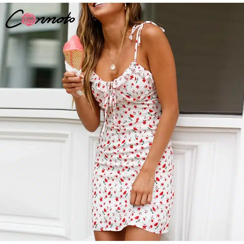Conmoto Casual Floral Print Short Dress Women 2019 Summer Holiday Sexy Beach Chiffon Dress Dress Femme Lace Up Dress Vestidos 16
