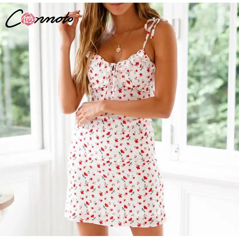 Conmoto Casual Floral Print Short Dress Women 2019 Summer Holiday Sexy Beach Chiffon Dress Dress Femme Lace Up Dress Vestidos 17