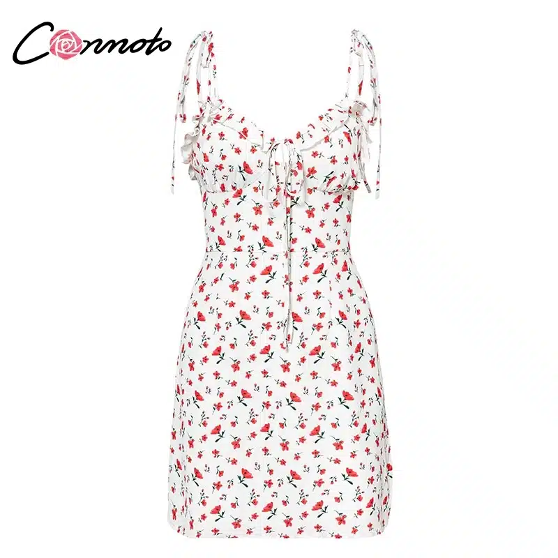 Conmoto Casual Floral Print Short Dress Women 2019 Summer Holiday Sexy Beach Chiffon Dress Dress Femme Lace Up Dress Vestidos 23