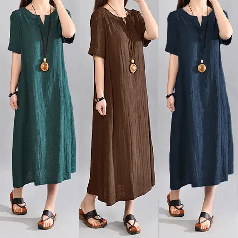 S-5XL Celmia Women Vintage Linen Dress 2019 Summer V Neck Short Sleeve Solid Pockets Casual Loose Midi Dress Oversized Vestidos 12