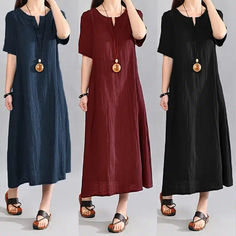 S-5XL Celmia Women Vintage Linen Dress 2019 Summer V Neck Short Sleeve Solid Pockets Casual Loose Midi Dress Oversized Vestidos 13