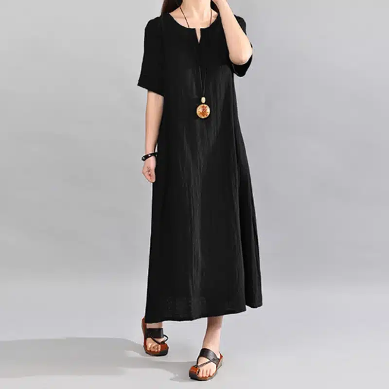 S-5XL Celmia Women Vintage Linen Dress 2019 Summer V Neck Short Sleeve Solid Pockets Casual Loose Midi Dress Oversized Vestidos 14