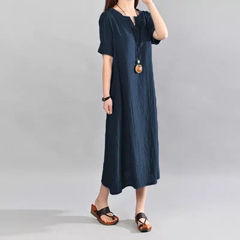 S-5XL Celmia Women Vintage Linen Dress 2019 Summer V Neck Short Sleeve Solid Pockets Casual Loose Midi Dress Oversized Vestidos 17