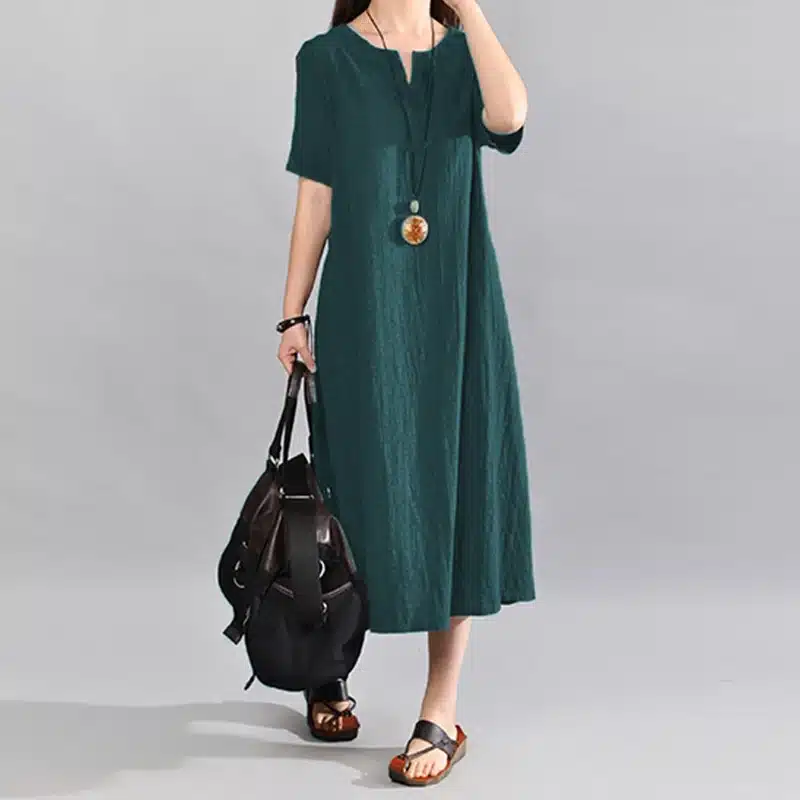 S-5XL Celmia Women Vintage Linen Dress 2019 Summer V Neck Short Sleeve Solid Pockets Casual Loose Midi Dress Oversized Vestidos 18