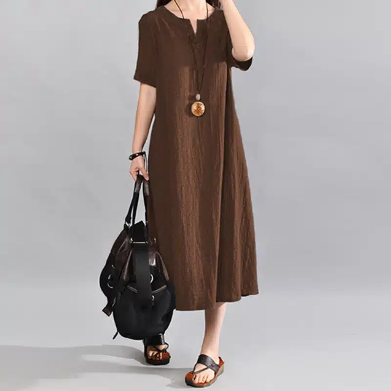 S-5XL Celmia Women Vintage Linen Dress 2019 Summer V Neck Short Sleeve Solid Pockets Casual Loose Midi Dress Oversized Vestidos 20