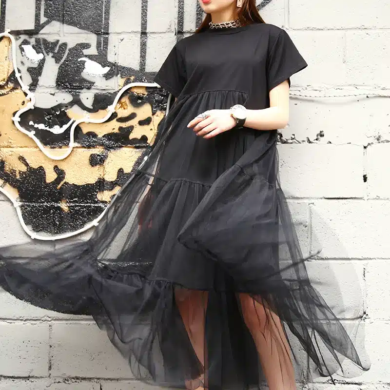 LANMREM Summer New Fashion 2019 Large Size Black Stitching Net Yarn Round Collar Short Sleeve Size Loose Dress Women 3361.5XL 11