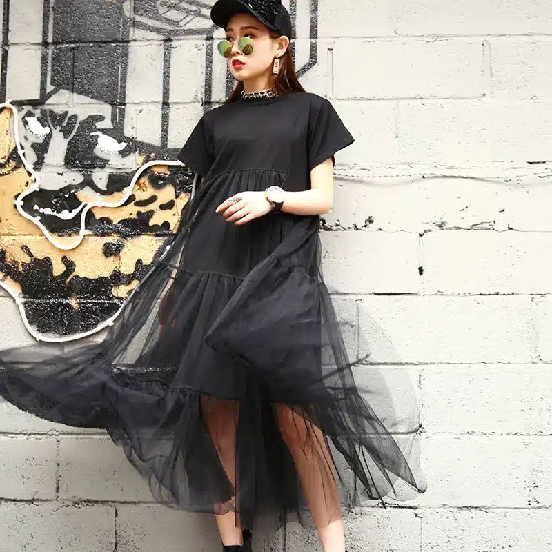 LANMREM Summer New Fashion 2019 Large Size Black Stitching Net Yarn Round Collar Short Sleeve Size Loose Dress Women 3361.5XL 14